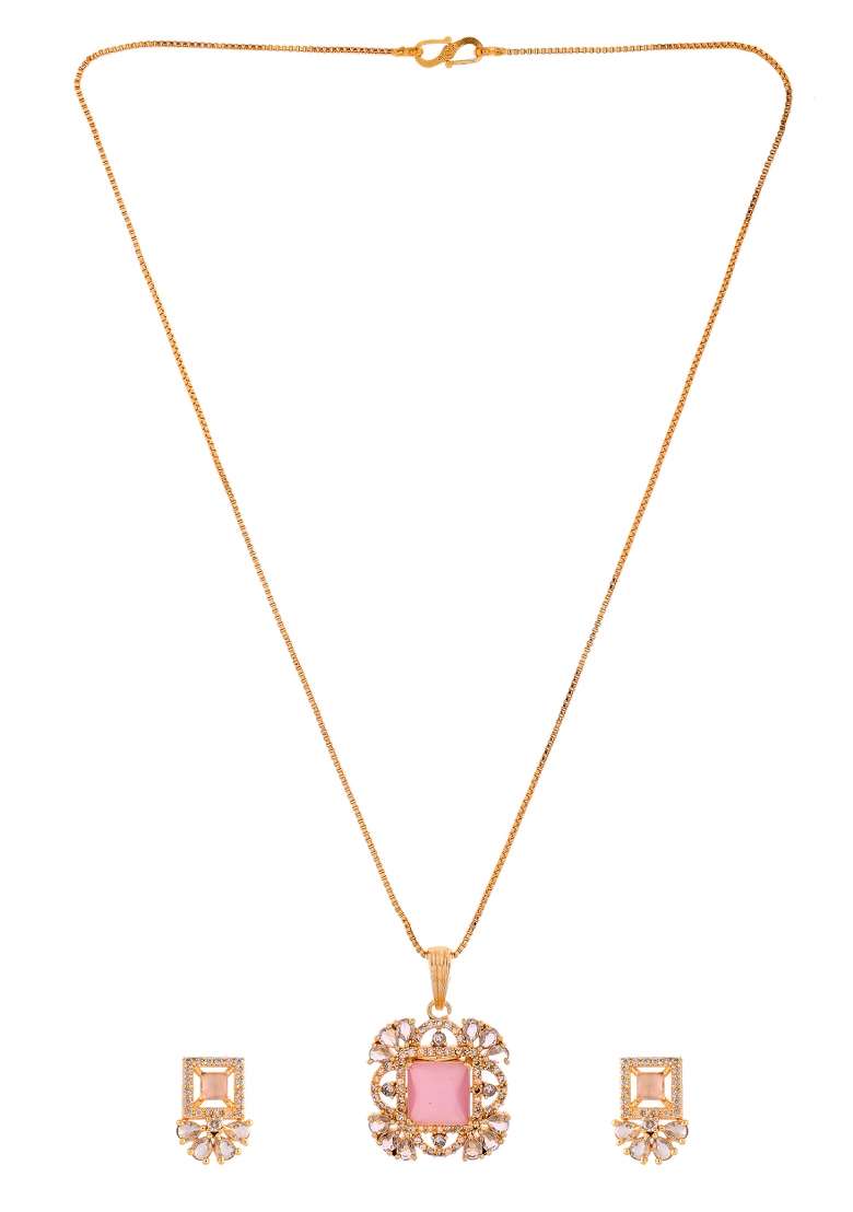 Gold Plated Baby Pink Square Ad Stone Studded Chain Set  - Indya