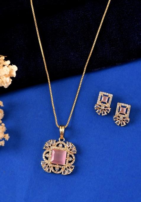 Gold Plated Baby Pink Square Ad Stone Studded Chain Set 