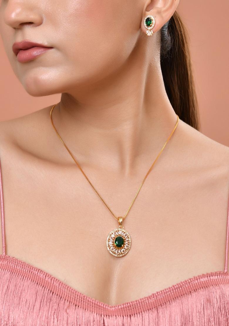Gold Plated Green Oval Shaped Ad Stone Studded Chain Set  - Indya