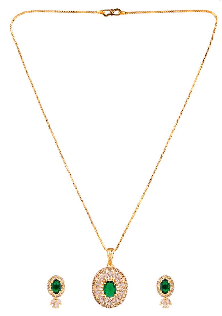 Gold Plated Green Oval Shaped Ad Stone Studded Chain Set  - Indya