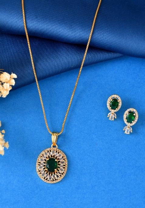 Gold Plated Green Oval Shaped Ad Stone Studded Chain Set 