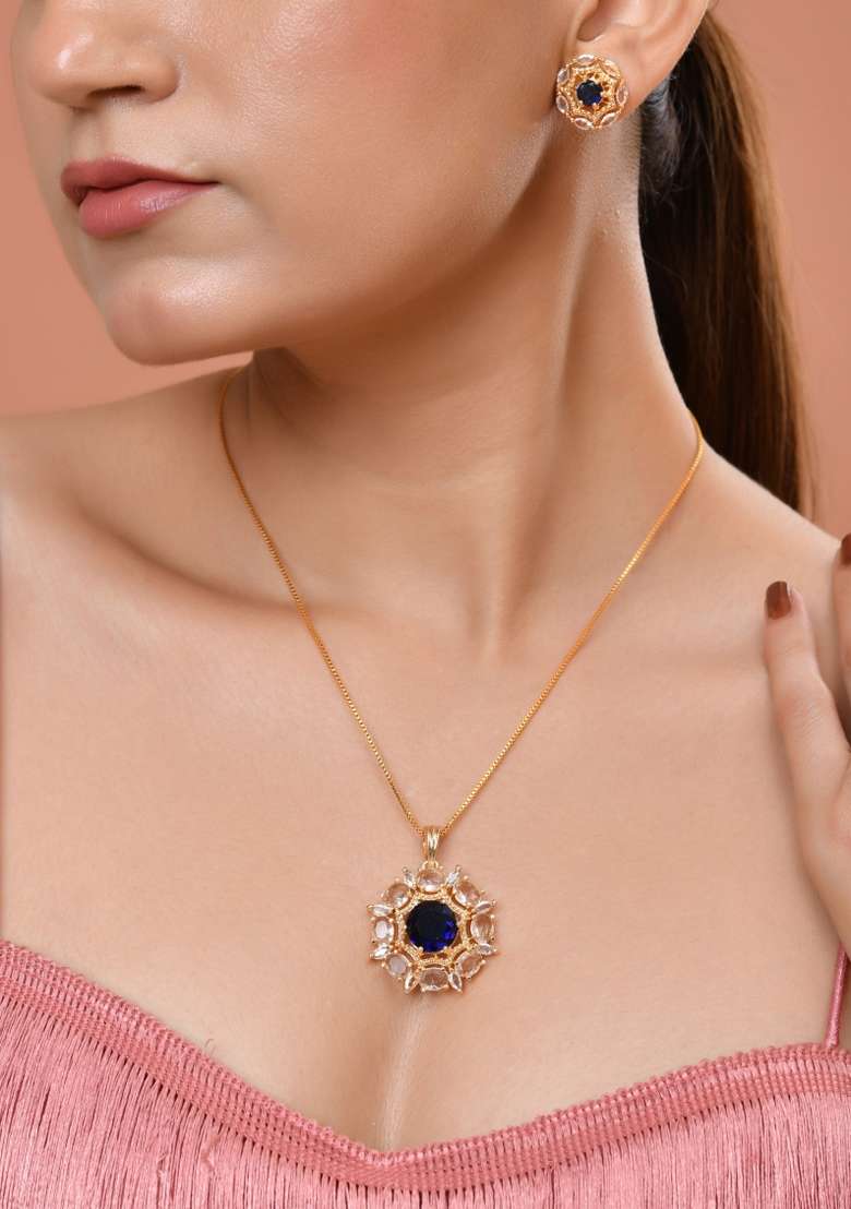 Gold Plated Blue Circular Stone Studded Floral Ad Chain Set  - Indya