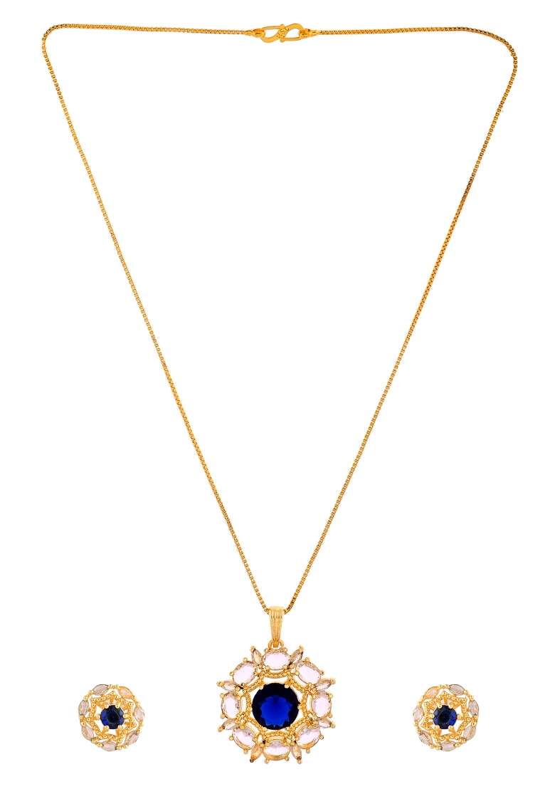 Gold Plated Blue Circular Stone Studded Floral Ad Chain Set  - Indya