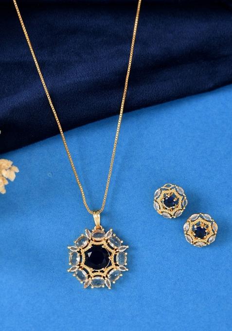 Gold Plated Blue Circular Stone Studded Floral Ad Chain Set 