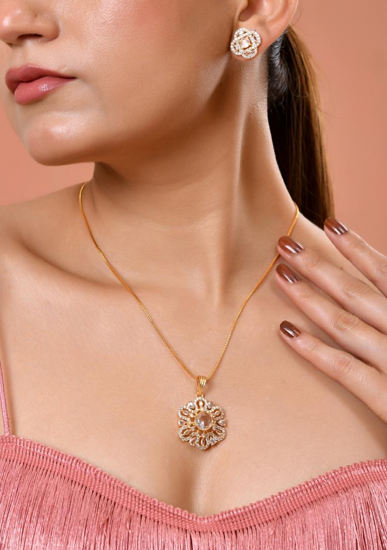 Gold Plated Circular Ad Stone Studded Chain Set  - Indya