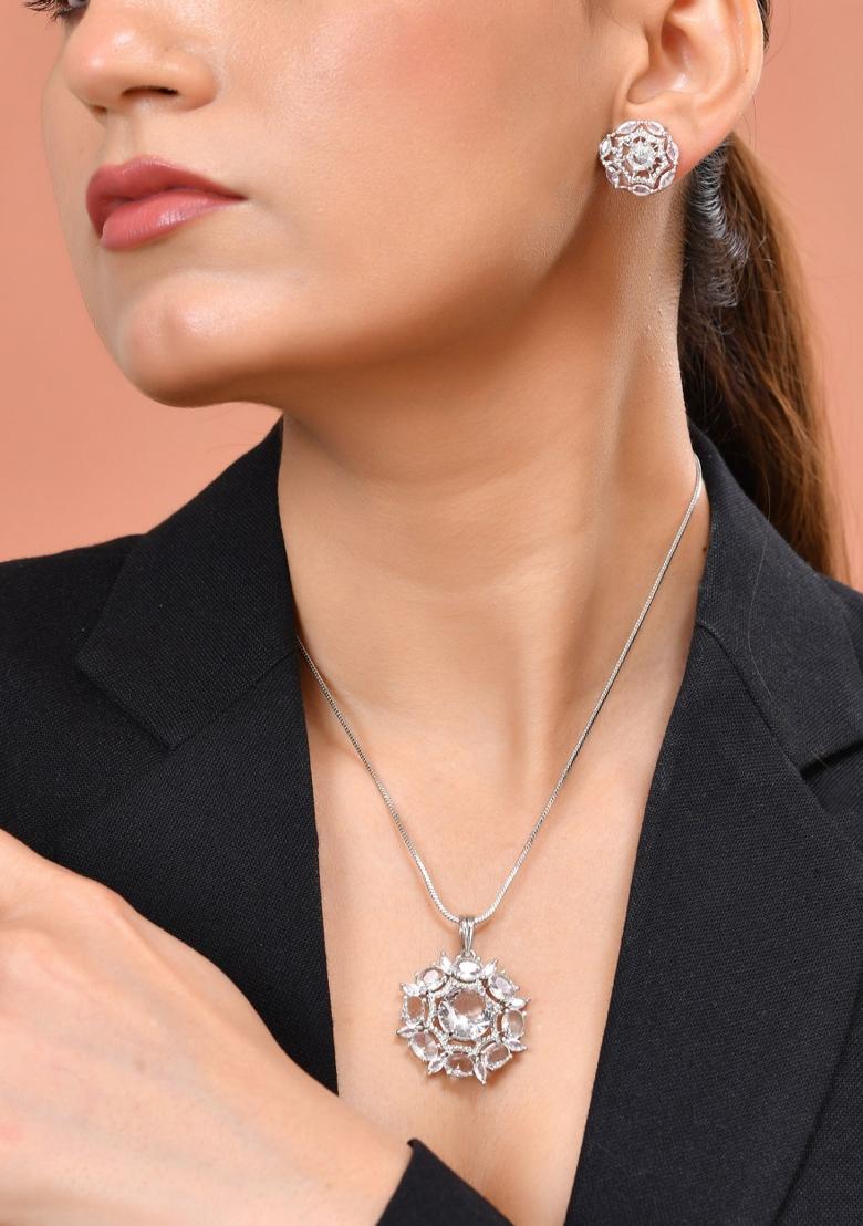Silver Plated Circular Stone Studded Floral Shaped Ad Chain Set  - Indya