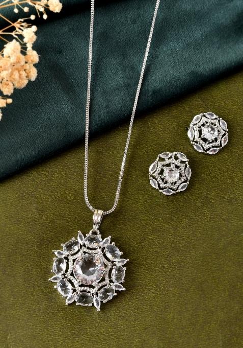 Silver Plated Circular Stone Studded Floral Shaped Ad Chain Set 