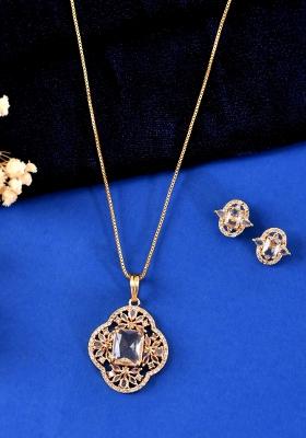 Gold Toned Rectangular Stone Studded Cz Chain Set 