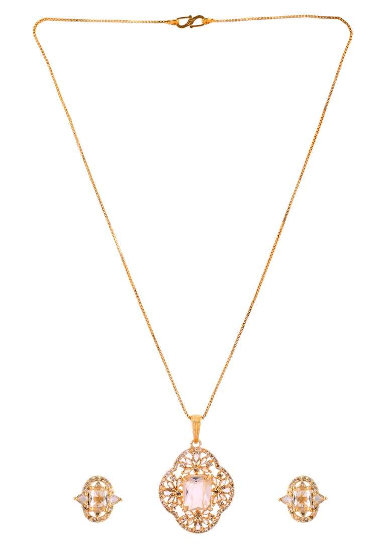 Gold Toned Rectangular Stone Studded Cz Chain Set  - Indya