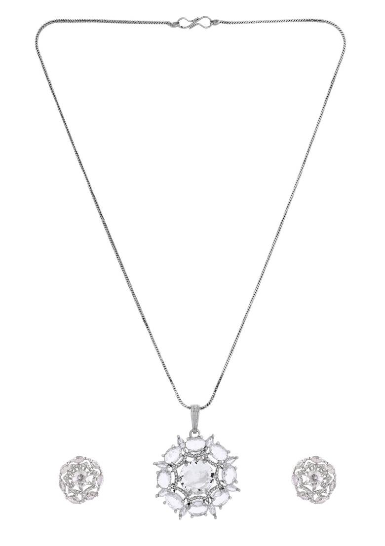 Silver Plated Circular Stone Studded Sun Shaped Ad Pandent With Chain Set  - Indya