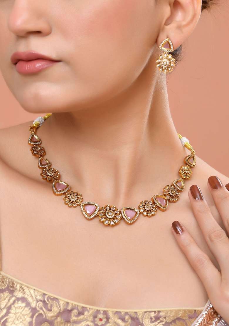Gold Tone Floral With Pink Stone Ad Necklace Set - Indya
