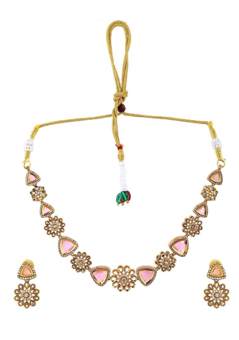 Gold Tone Floral With Pink Stone Ad Necklace Set - Indya