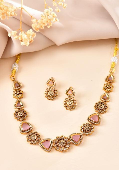 Gold Tone Floral With Pink Stone Ad Necklace Set