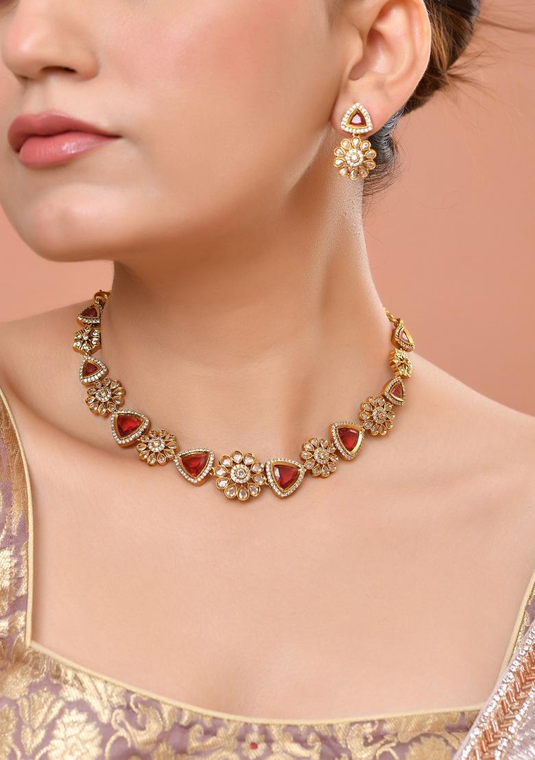 Gold Tone Floral With Ruby Red Stone Ad Necklace Set - Indya