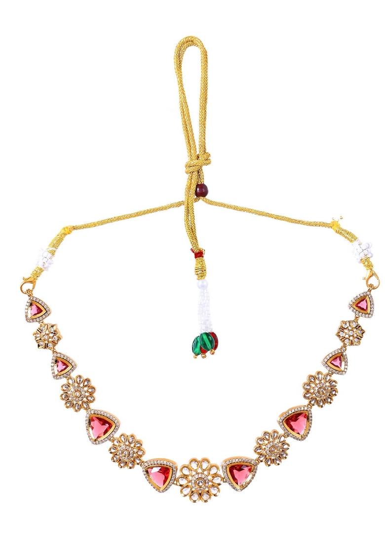 Gold Tone Floral With Ruby Red Stone Ad Necklace Set - Indya