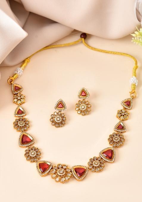 Gold Tone Floral With Ruby Red Stone Ad Necklace Set