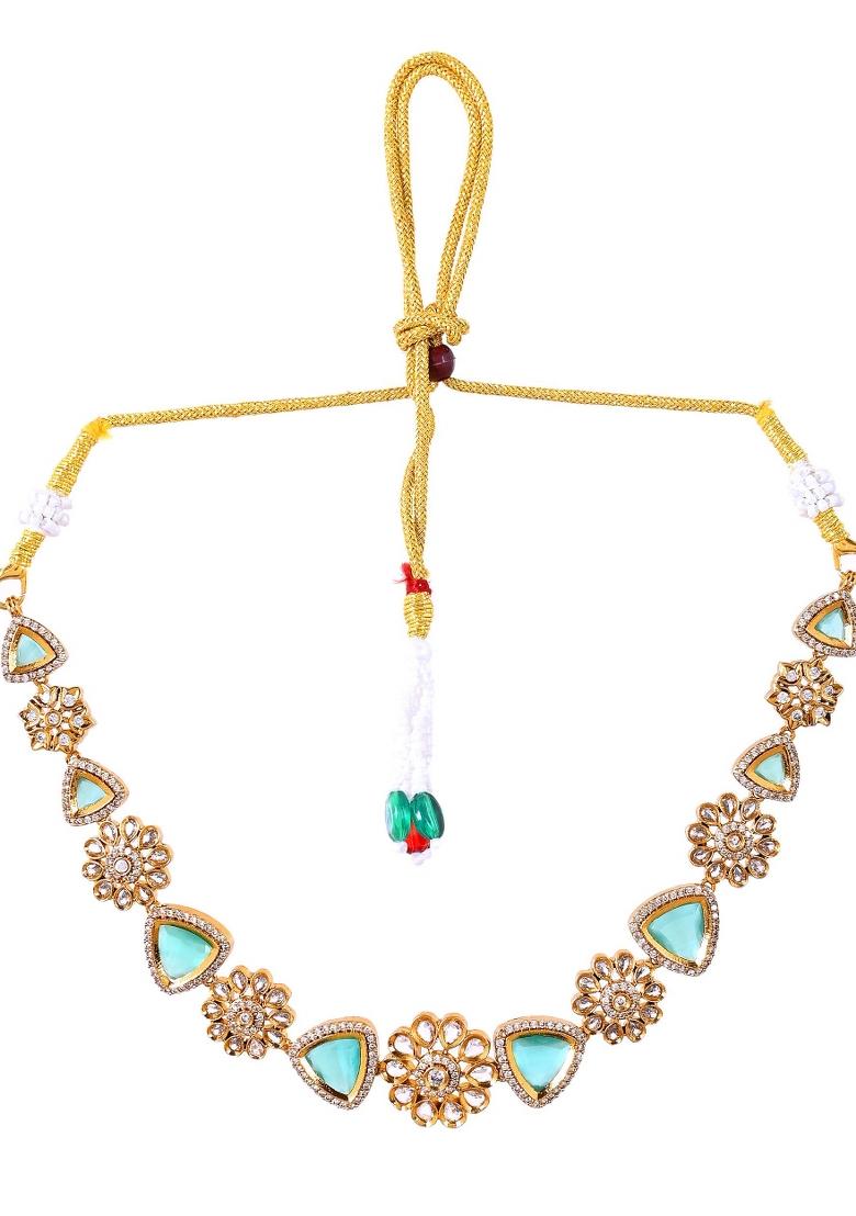 Gold Tone Floral With Teal Green Stone Ad Necklace Set - Indya