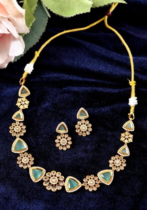 Gold Tone Floral With Teal Green Stone Ad Necklace Set