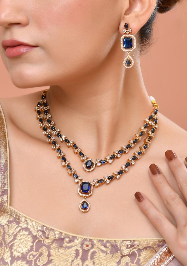 Gold Plated Dual Layer Blue Stone Studded Jewellery Set - Indya