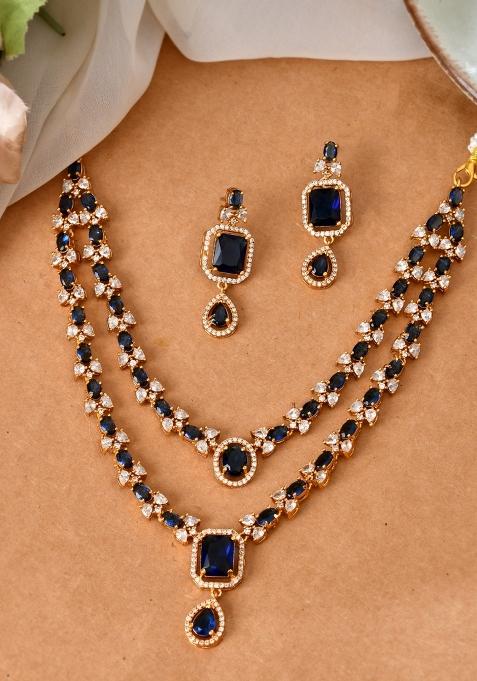 Gold Plated Dual Layer Blue Stone Studded Jewellery Set