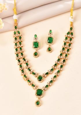 Gold Plated Dual Layer Green Stone Studded Jewellery Set
