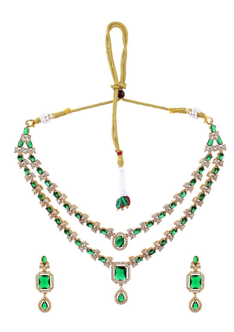 Gold Plated Dual Layer Green Stone Studded Jewellery Set - Indya