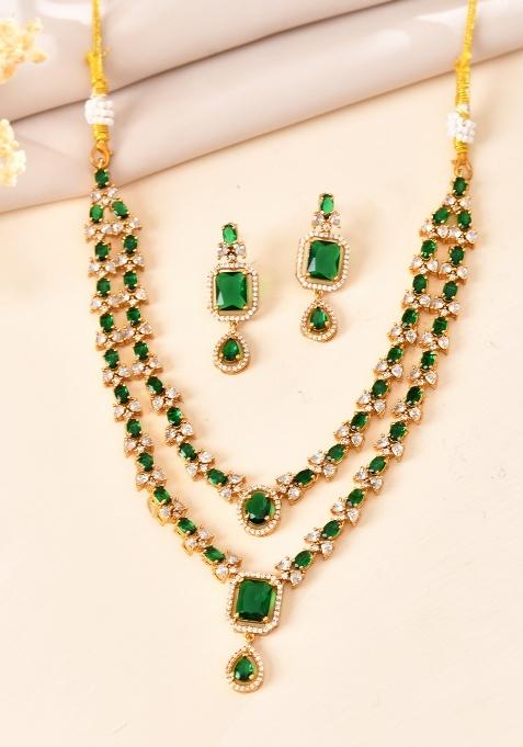 Gold Plated Dual Layer Green Stone Studded Jewellery Set