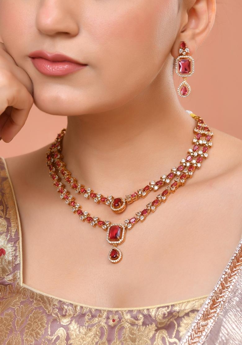 Gold Plated Dual Layer Ruby Red Stone Studded Jewellery Set - Indya