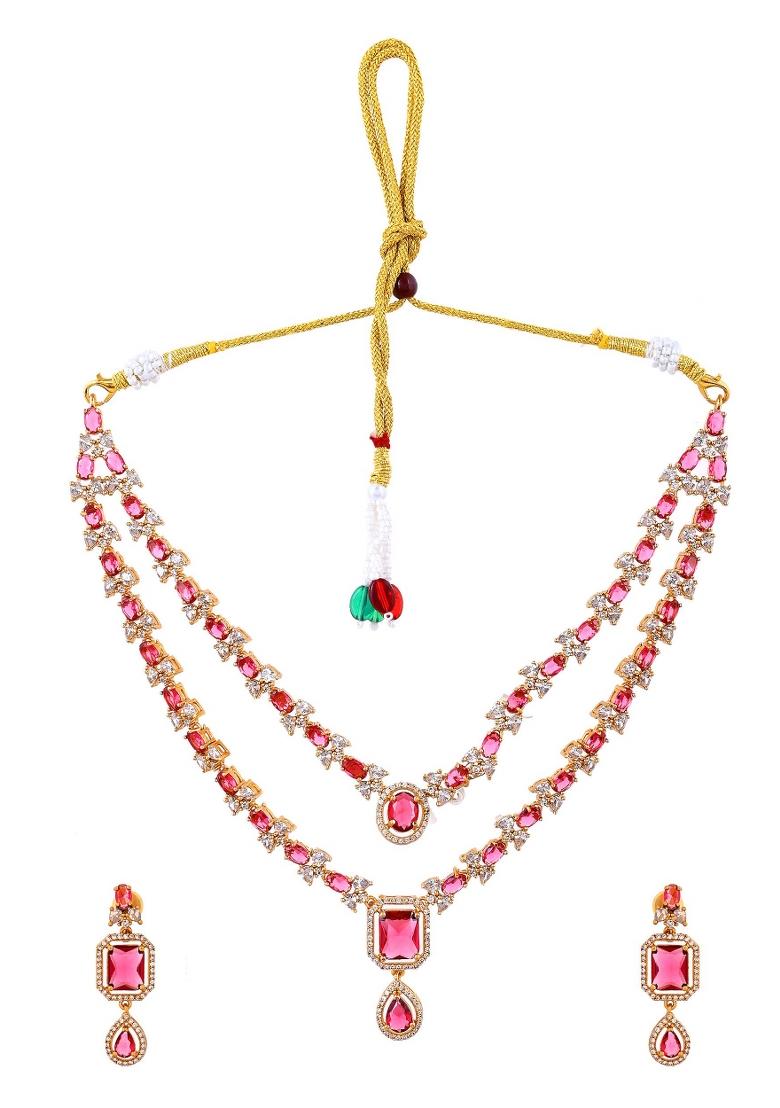 Gold Plated Dual Layer Ruby Red Stone Studded Jewellery Set - Indya