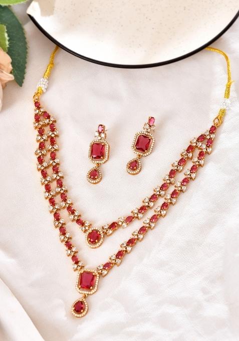 Gold Plated Dual Layer Ruby Red Stone Studded Jewellery Set