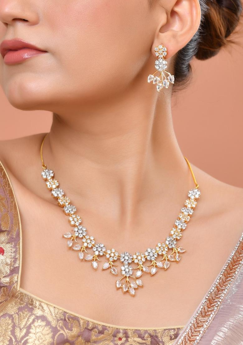 Gold-Toned Ad Stone Studded Floral Necklace & Earrings Jewellery Set - Indya