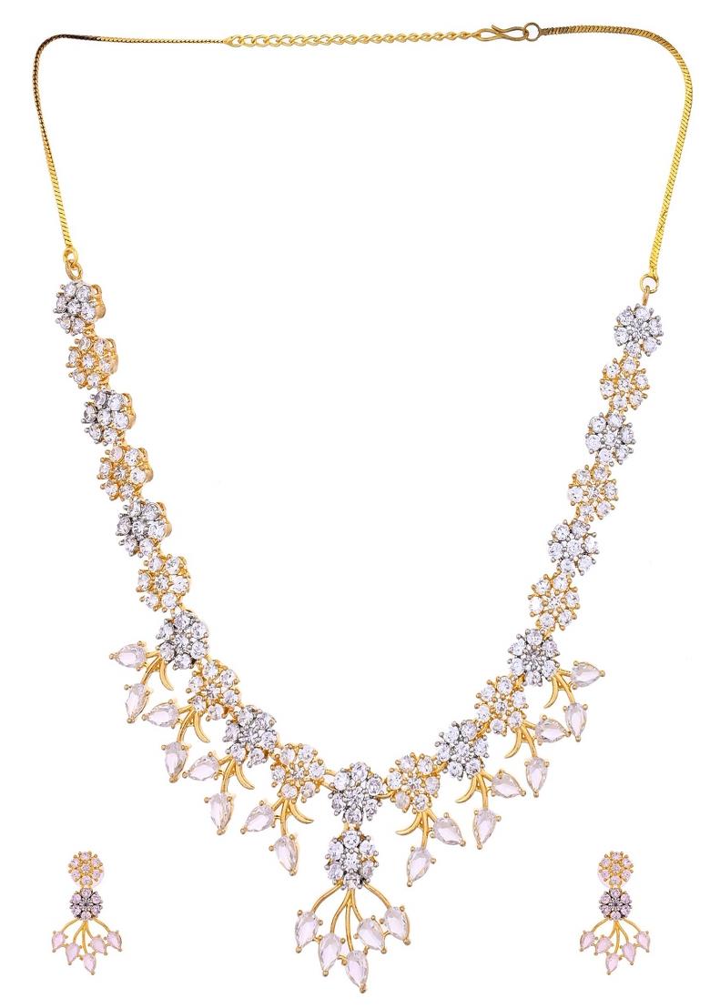 Gold-Toned Ad Stone Studded Floral Necklace & Earrings Jewellery Set - Indya