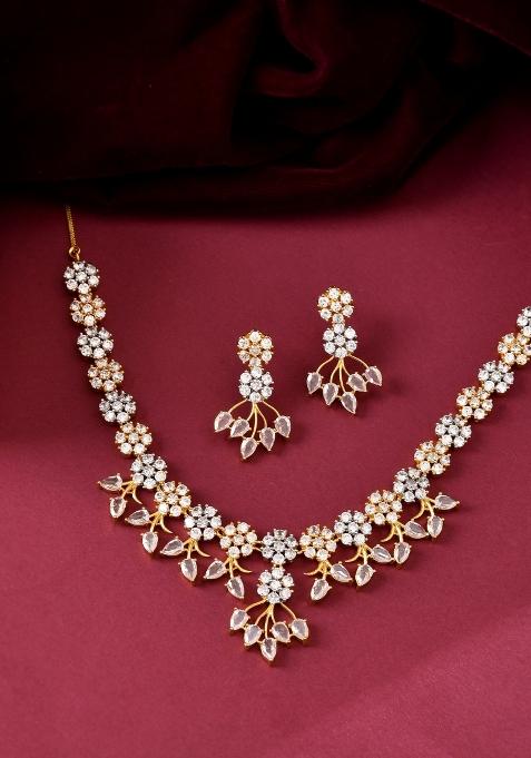 Gold-Toned Ad Stone Studded Floral Necklace & Earrings Jewellery Set