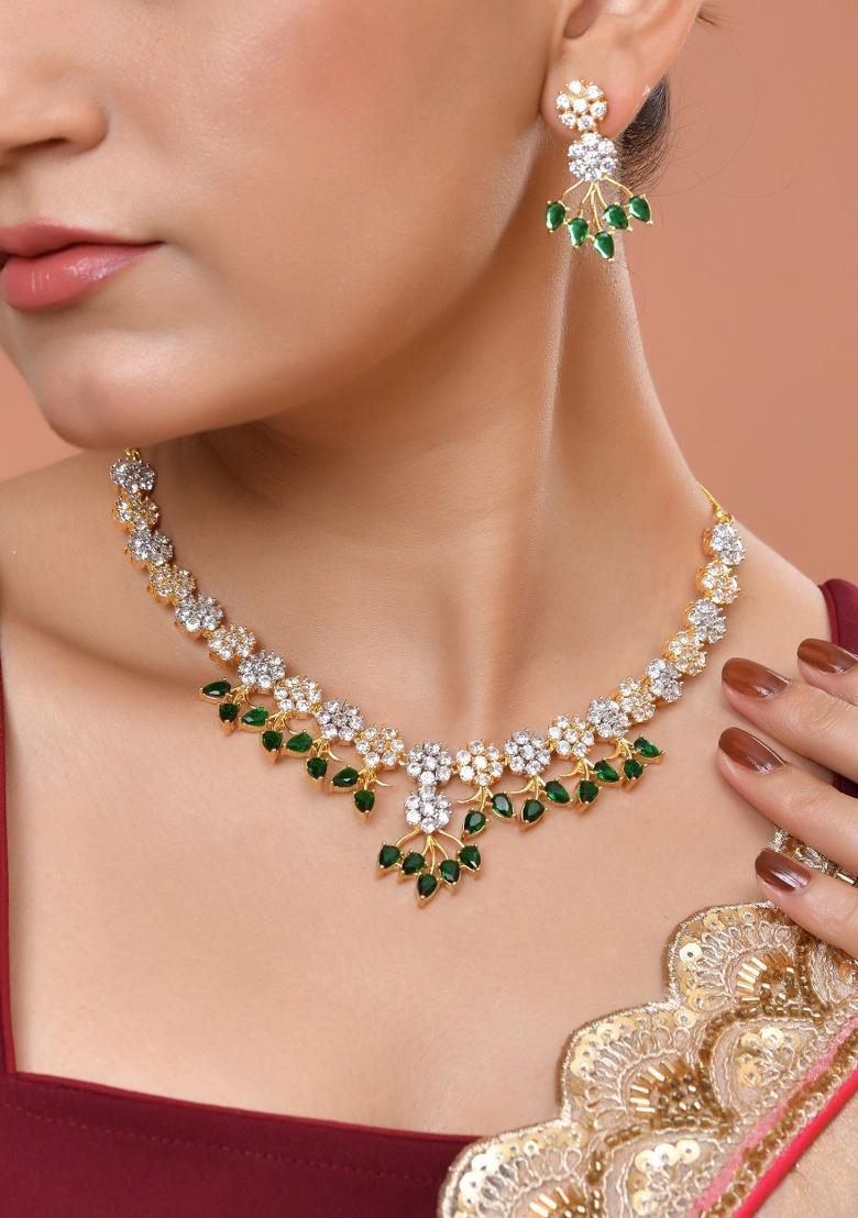 Gold-Toned Ad Stone Studded Floral Necklace & Earrings Set With Green Stone Drops - Indya