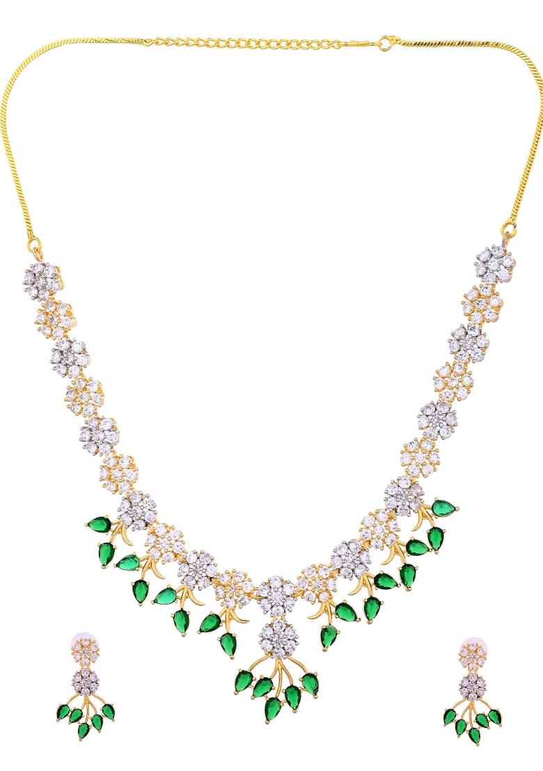 Gold-Toned Ad Stone Studded Floral Necklace & Earrings Set With Green Stone Drops - Indya