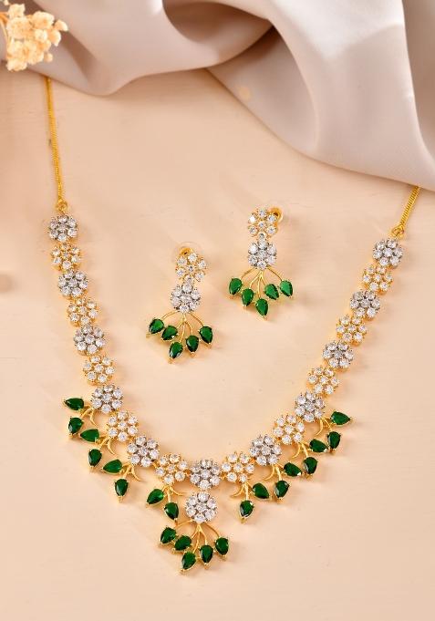 Gold-Toned Ad Stone Studded Floral Necklace & Earrings Set With Green Stone Drops