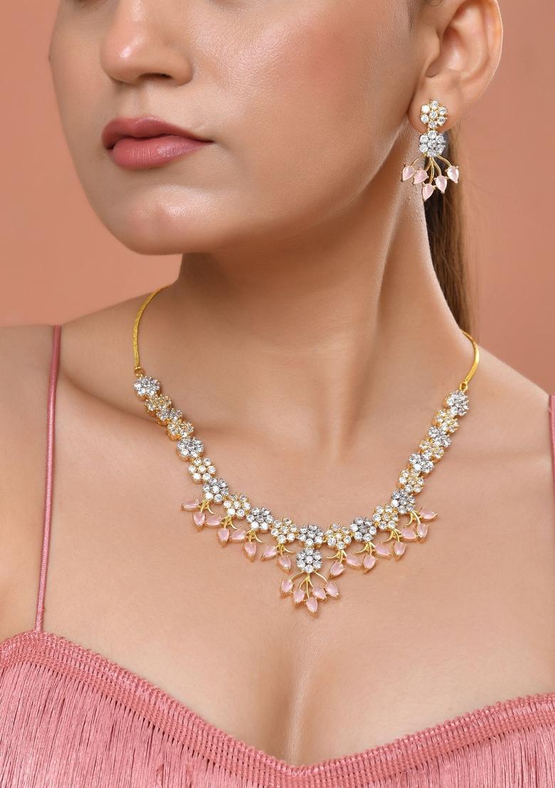 Gold-Toned Ad Stone Studded Floral Necklace & Earrings Set With Baby Pink Stone Drops - Indya
