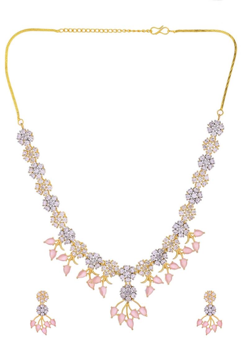 Gold-Toned Ad Stone Studded Floral Necklace & Earrings Set With Baby Pink Stone Drops - Indya