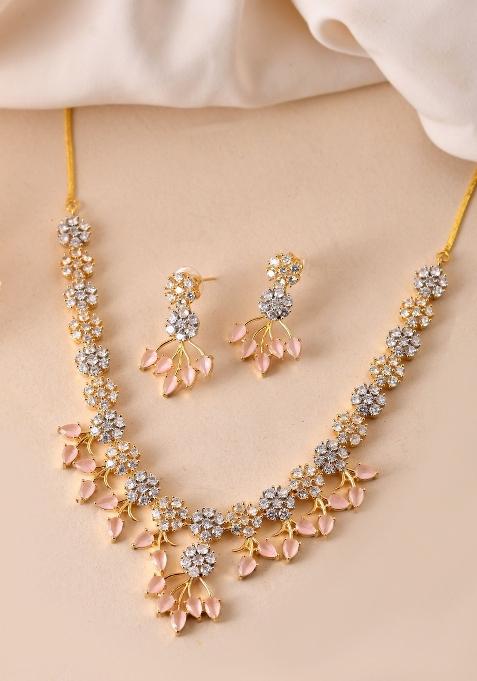Gold-Toned Ad Stone Studded Floral Necklace & Earrings Set With Baby Pink Stone Drops