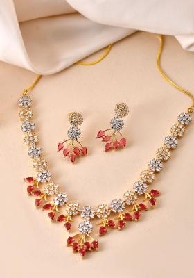 Gold-Toned Ad Stone Studded Floral Necklace & Earrings Set With Red Stone Drops