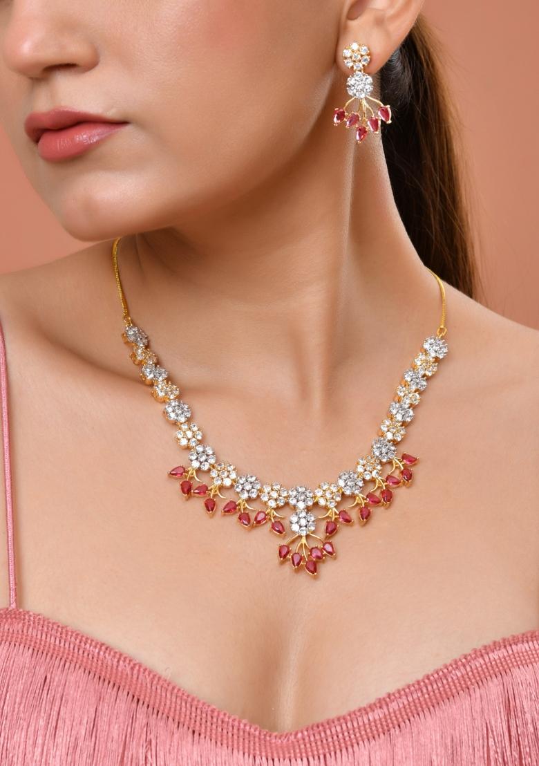 Gold-Toned Ad Stone Studded Floral Necklace & Earrings Set With Red Stone Drops - Indya