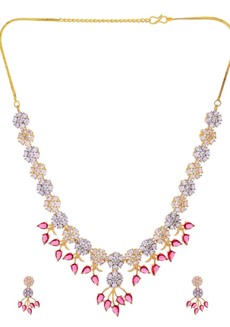 Gold-Toned Ad Stone Studded Floral Necklace & Earrings Set With Red Stone Drops - Indya
