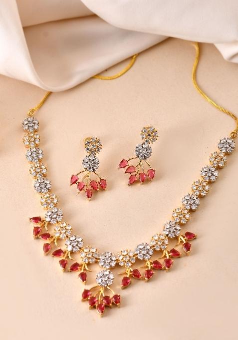 Gold-Toned Ad Stone Studded Floral Necklace & Earrings Set With Red Stone Drops