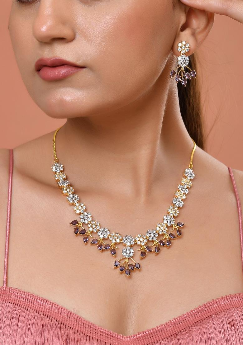 Gold-Toned Ad Stone Studded Floral Necklace & Earrings Set With Purple Stone Drops - Indya