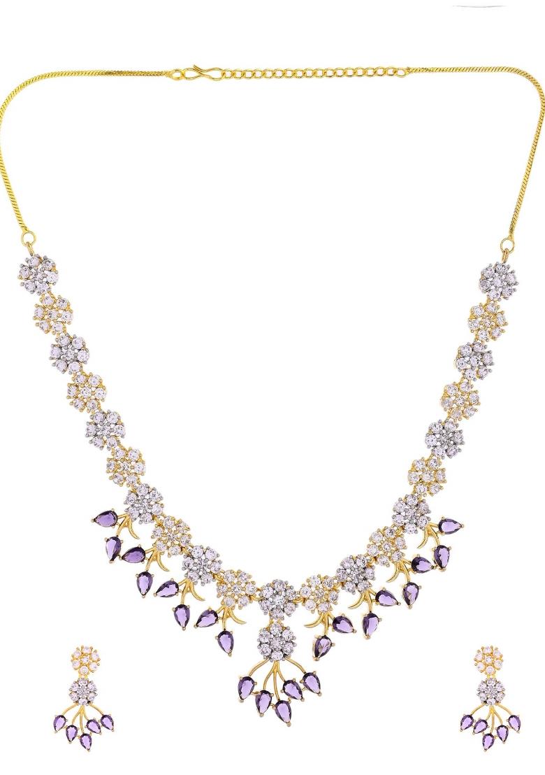Gold-Toned Ad Stone Studded Floral Necklace & Earrings Set With Purple Stone Drops - Indya