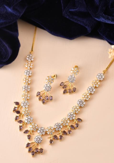 Gold-Toned Ad Stone Studded Floral Necklace & Earrings Set With Purple Stone Drops