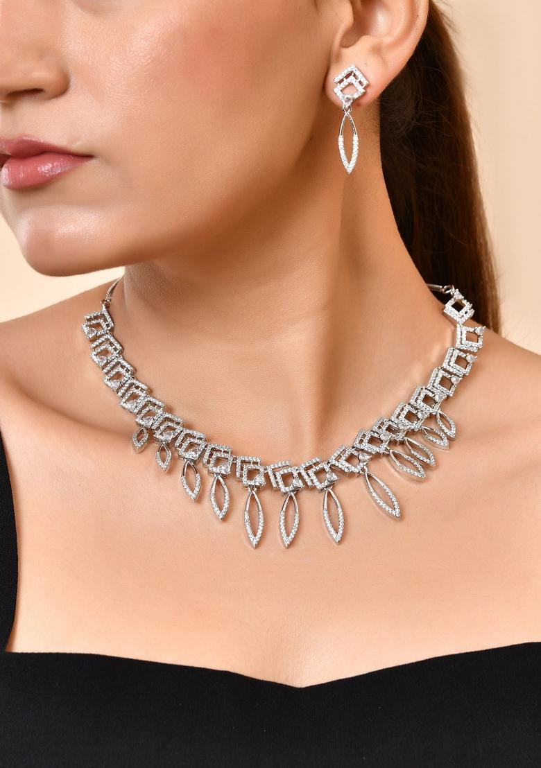Silver Plated Ad Studded Square And Leaf Shaped Necklace Set - Indya