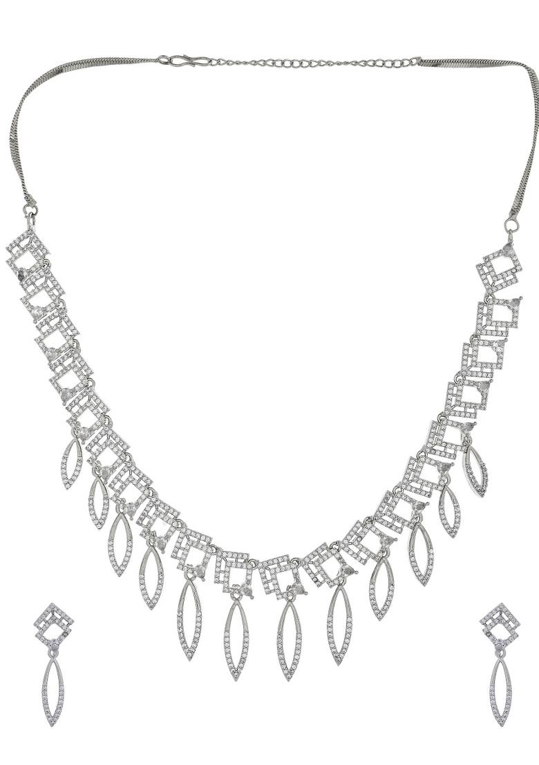 Silver Plated Ad Studded Square And Leaf Shaped Necklace Set - Indya