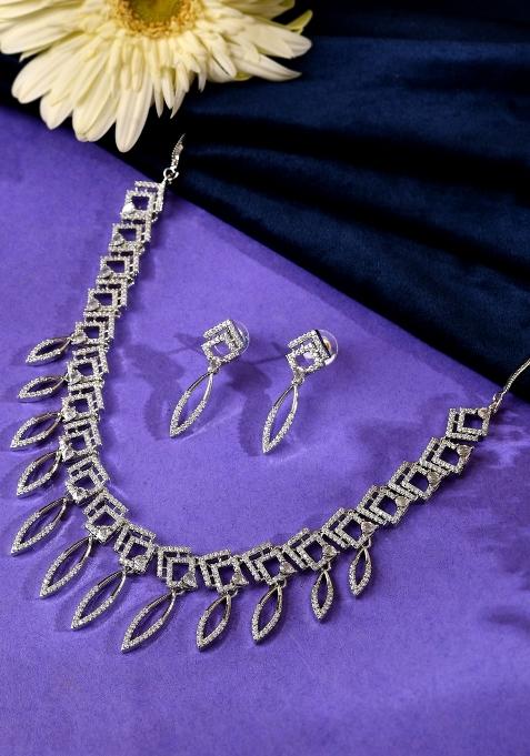 Silver Plated Ad Studded Square And Leaf Shaped Necklace Set