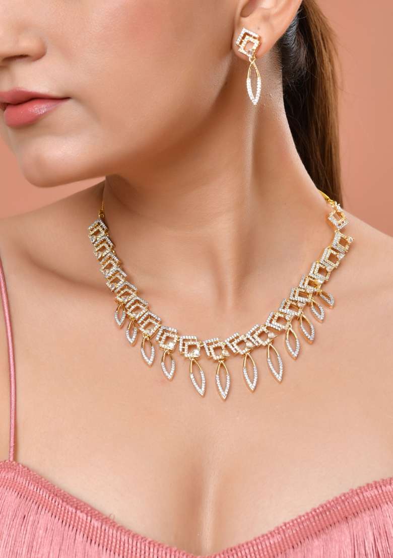 Gold Plated Ad Studded Square And Leaf Shaped Necklace Set - Indya